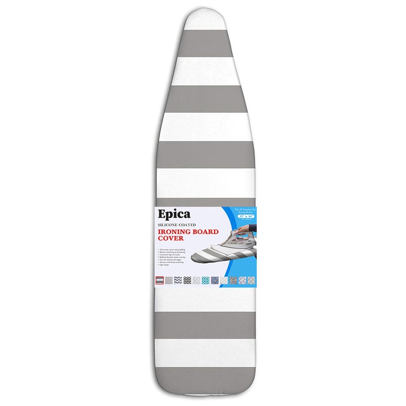 Epica غطاء وطاولة كي إبكا - حجم قياسي 15x54 غطاء طاولة كي مبطن، طلاء عاكس للحرارة، وسادات سميكة، غطاء طاولة كي مقاوم للاحتراق والبقع مع حشوة بخطوط رمادية وبيضاء - Image 1